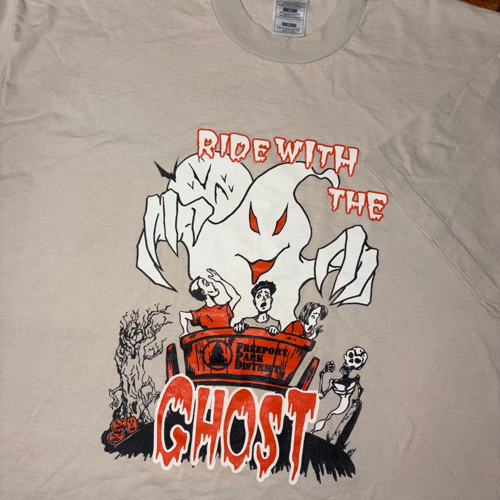 Vintage Halloween T Shirt Men XL Beige Ride With The Ghost 90s Freeport Illinois